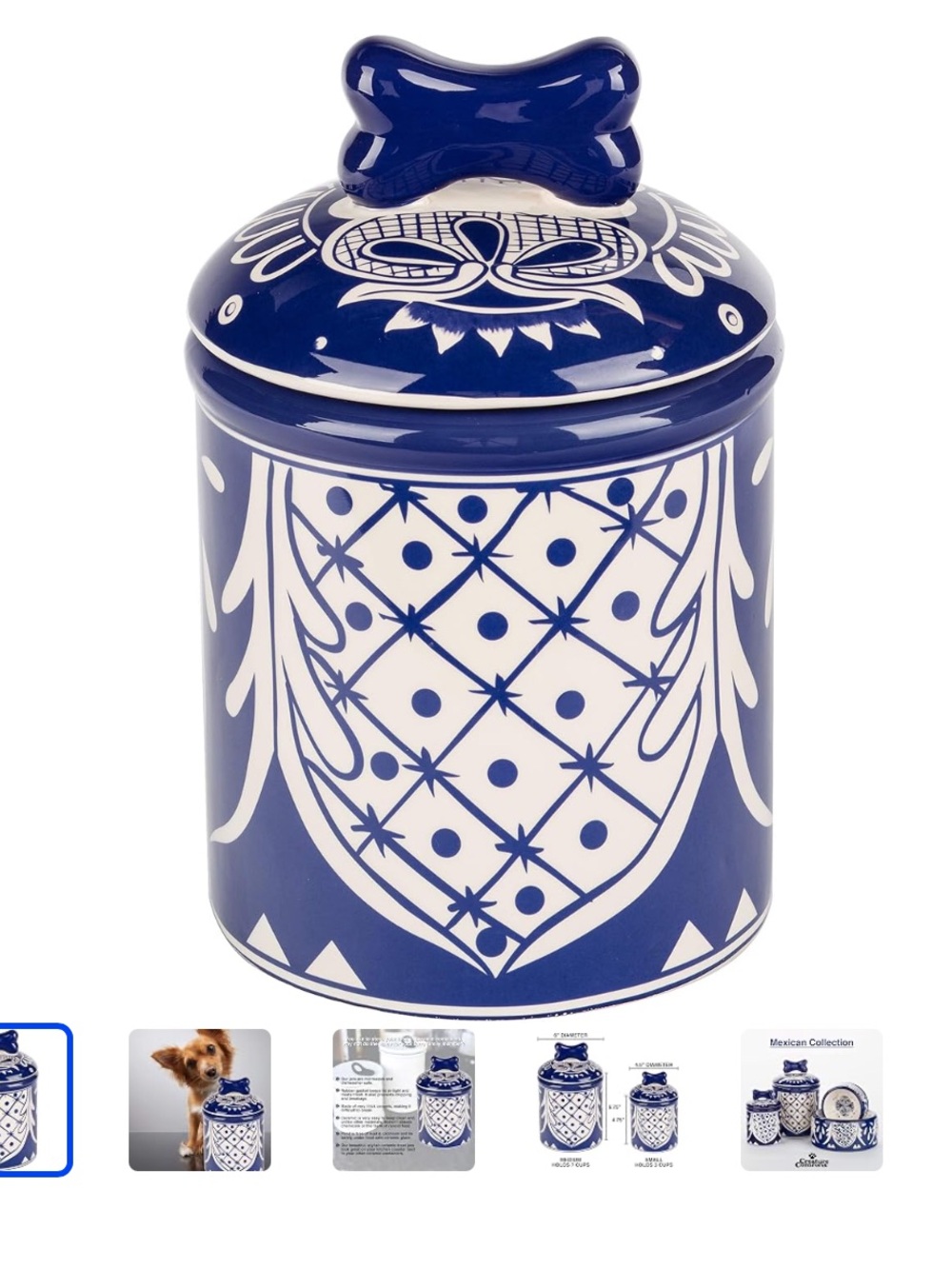 Creature Comforts Mexican Collection Ceramic Dog Blue White Talavera Treat Jar